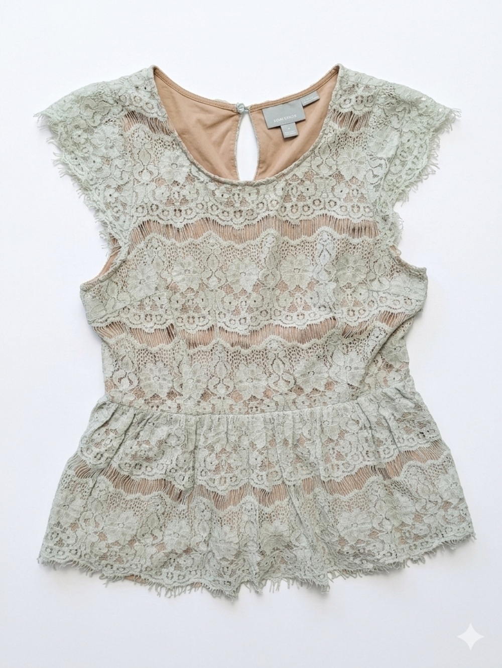 Maeve Anthropologie Mint Green Lace Peplum Top Small Floral Eyelet Eyelash Trim